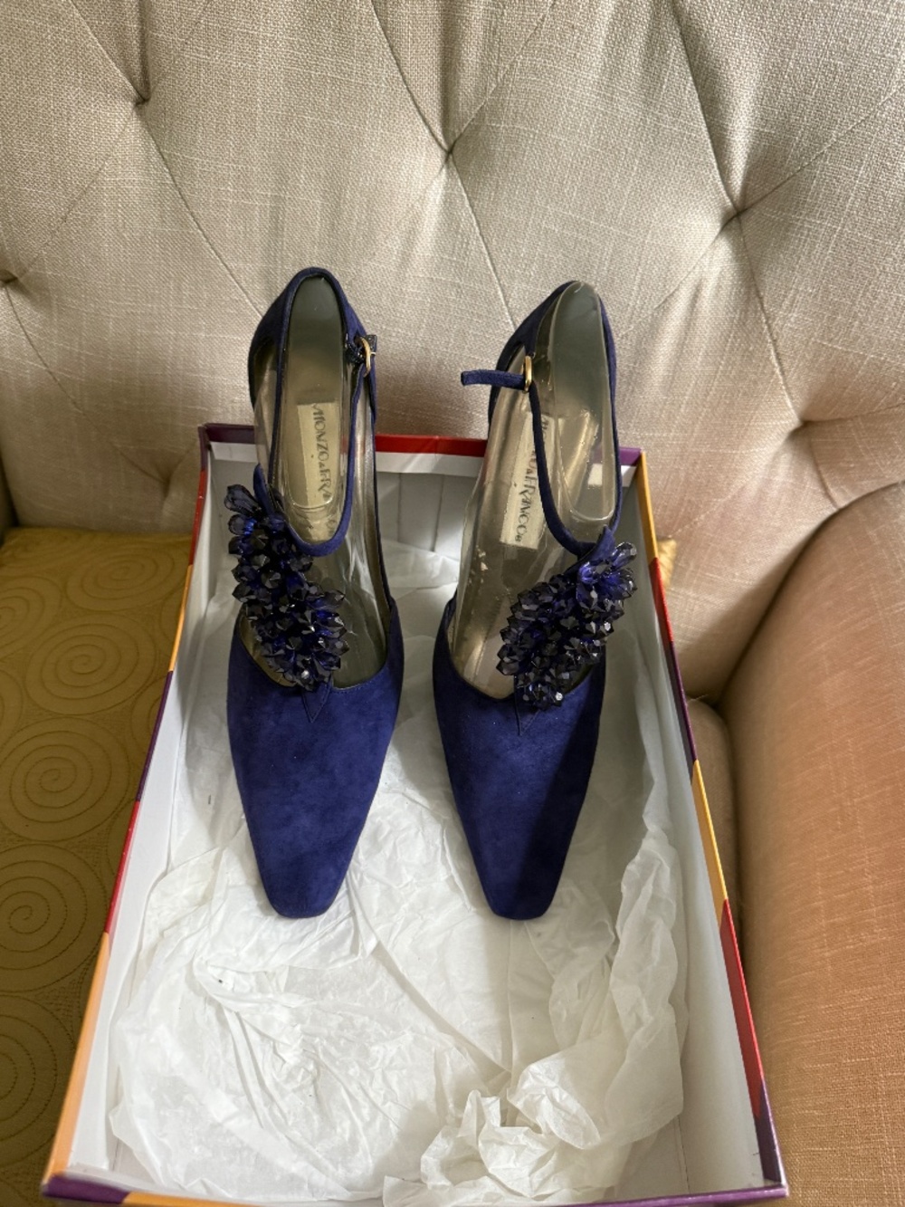 NIB Purple suede embellished T-Strap heels size 8.5